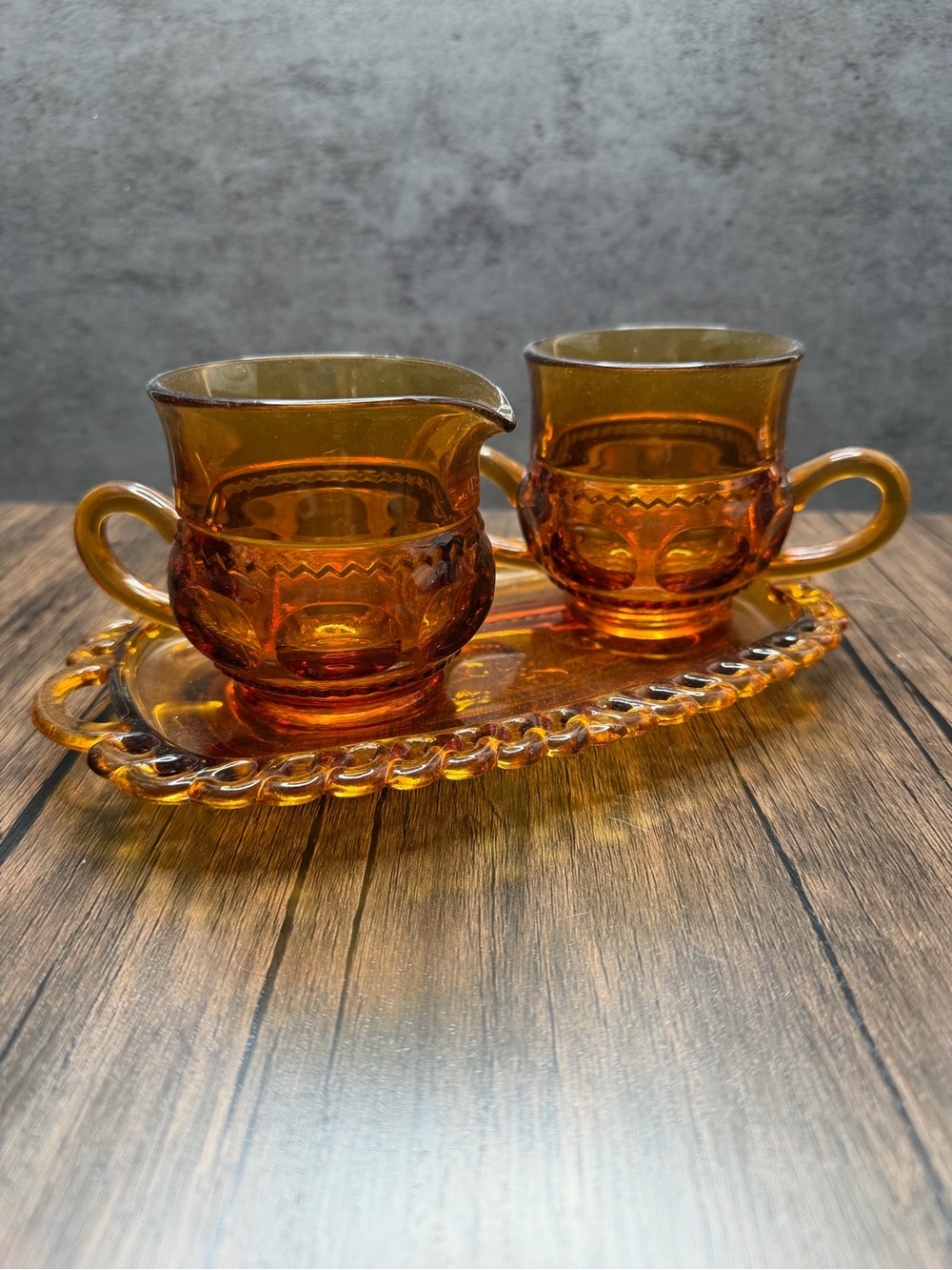 MCM Vintage kings crown Amber Glass Creamer and Sugar Set with Tray